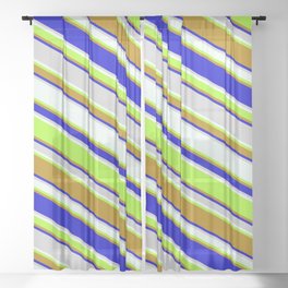 [ Thumbnail: Colorful Light Gray, Mint Cream, Light Green, Dark Goldenrod, and Blue Colored Striped/Lined Pattern Sheer Curtain ]