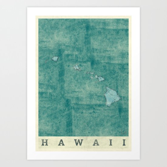 Hawaii State Map Blue Vintage Art Print