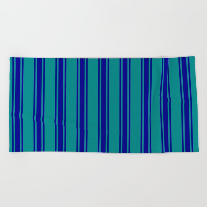 Dark Cyan & Dark Blue Colored Lines/Stripes Pattern Beach Towel