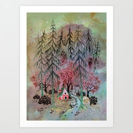 A little house in the woods Kunstdrucke | Magical, Enchanted, Ghosts, Ink, Forest, Trees, Folklore, Woods, Painting, Illustration 