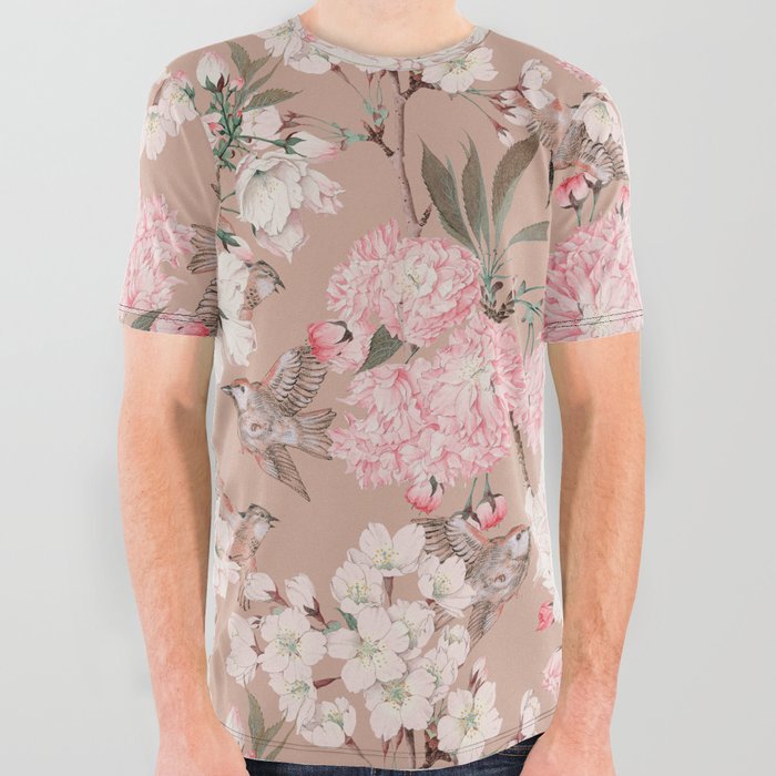 Vintage Japanese Garden in Tan and Blush  All Over Graphic Tee