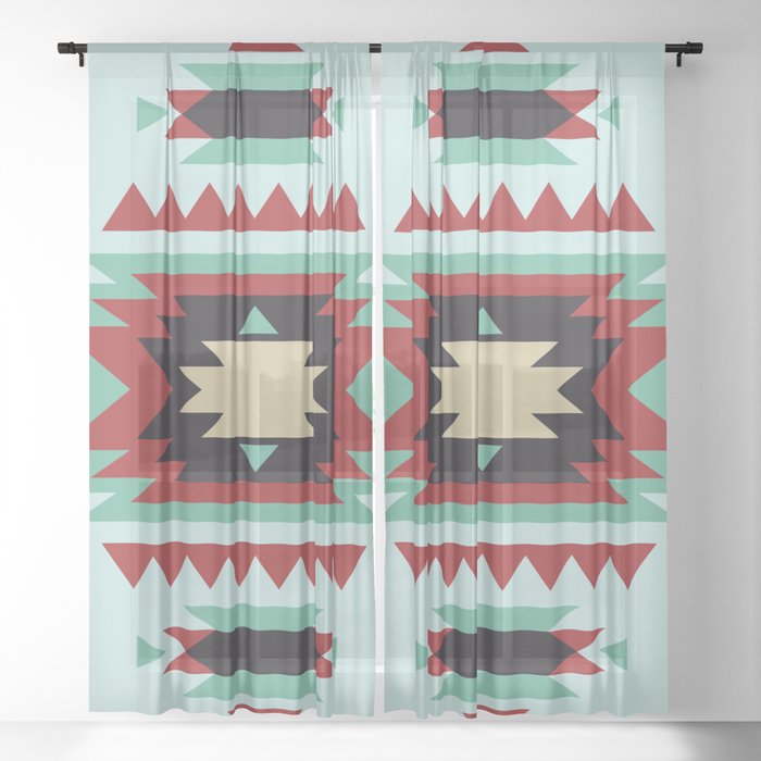 Southwest Red Aqua Geometric Tribal Indian Pattern Sheer Curtain