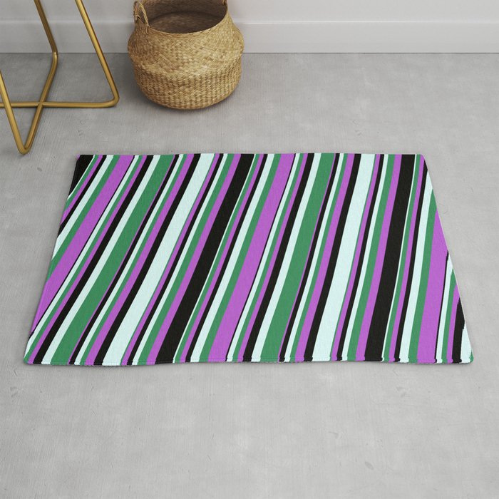 Orchid, Black, Light Cyan, and Sea Green Colored Lined/Striped Pattern Rug