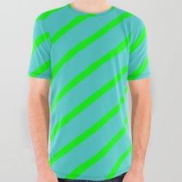 [ Thumbnail: Lime & Turquoise Colored Lines/Stripes Pattern All Over Graphic Tee ]
