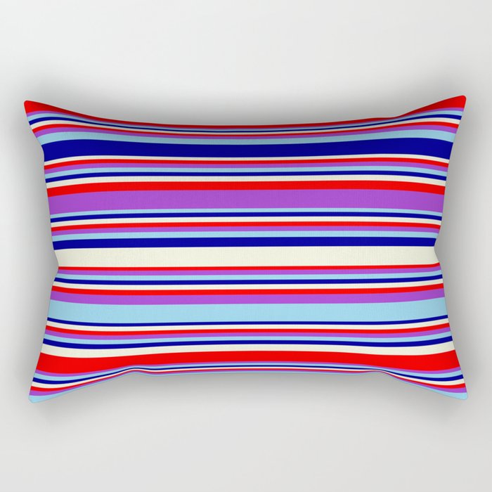 Eye-catching Beige, Red, Dark Orchid, Sky Blue, and Dark Blue Colored Stripes/Lines Pattern Rectangular Pillow