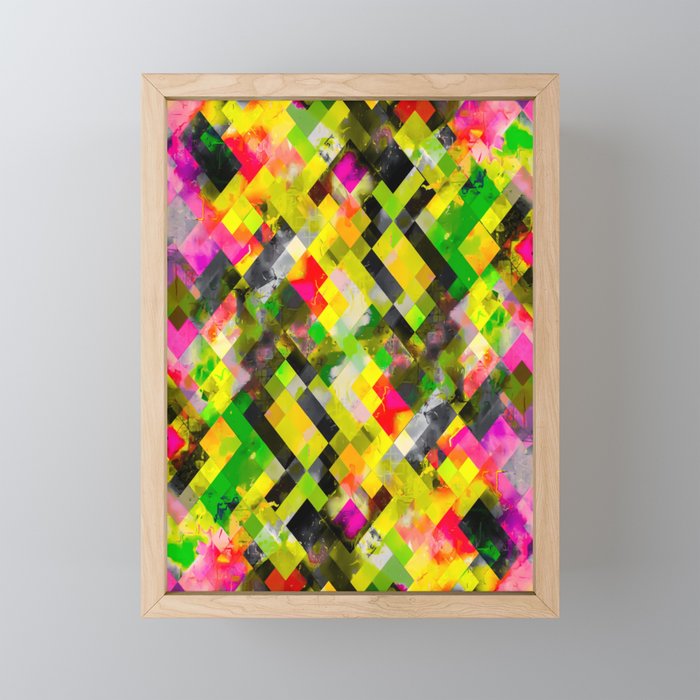 geometric pixel square pattern abstract background in green yellow pink Framed Mini Art Print