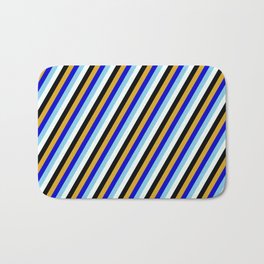 [ Thumbnail: Eyecatching Goldenrod, Blue, Sky Blue, Mint Cream, and Black Colored Stripes Pattern Bath Mat ]