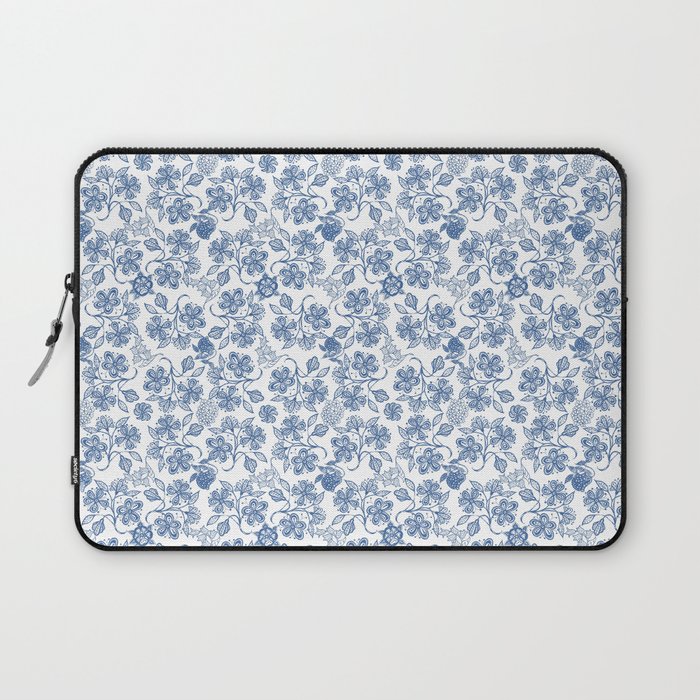Pretty Indigo Blue and White Ethnic Floral Print Laptop Sleeve