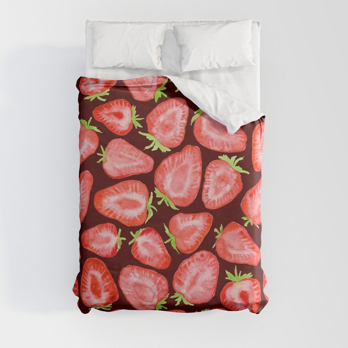 Fresh strawberry slices watercolor dark bg Duvet Cover