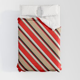 [ Thumbnail: Red, Light Cyan, Tan, and Black Colored Lines/Stripes Pattern Duvet Cover ]