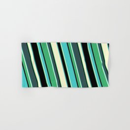 [ Thumbnail: Colorful Dark Slate Gray, Turquoise, Light Yellow, Sea Green, and Black Colored Lined Pattern Hand & Bath Towel ]