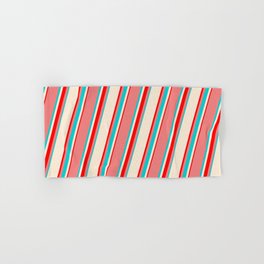 [ Thumbnail: Light Coral, Dark Turquoise, Beige & Red Colored Lines/Stripes Pattern Hand & Bath Towel ]