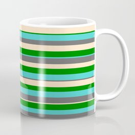 [ Thumbnail: Green, Turquoise, Dim Grey, and Bisque Colored Striped/Lined Pattern Coffee Mug ]