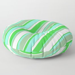 [ Thumbnail: Aquamarine, Dark Sea Green, Mint Cream & Lime Green Colored Lined Pattern Floor Pillow ]