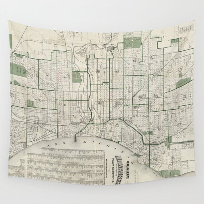 Vintage Map of Milwaukee Wisconsin (1909) Wall Tapestry