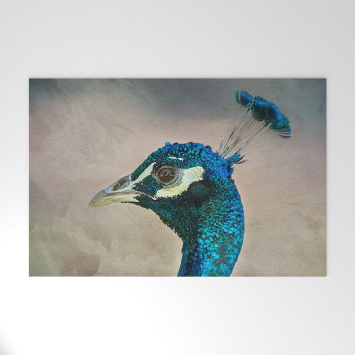 Peacock head against brush stroke textured background Welcome Mat