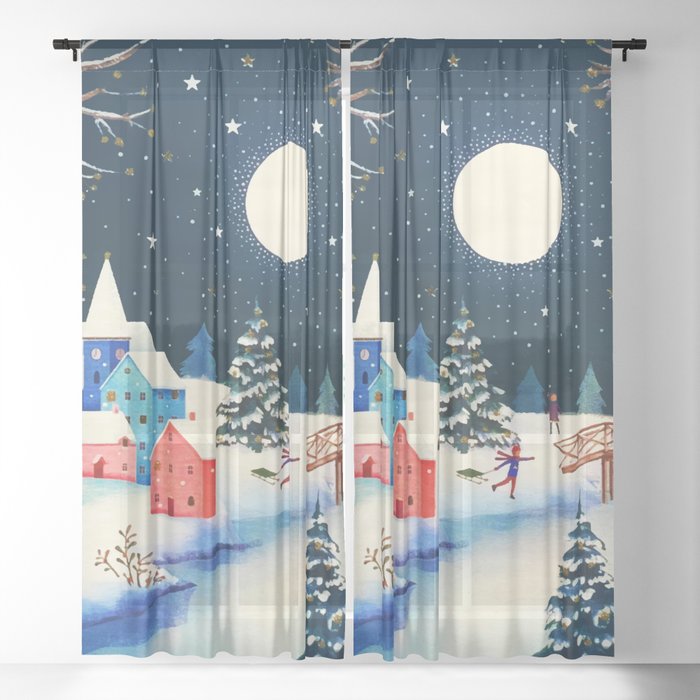 Festive Blue Winter Snow Village Sheer Curtain