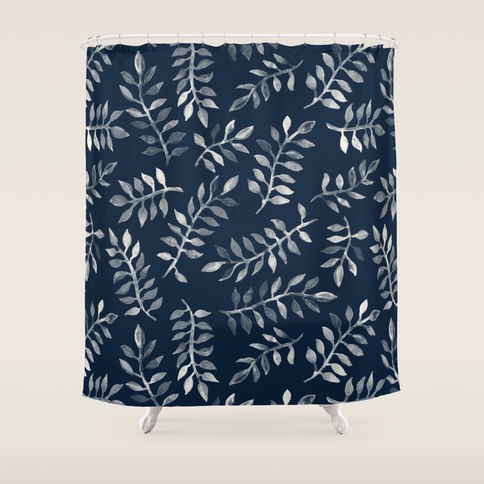 White Leaves on Navy a hand painted pattern Shower Curtain by micklyn