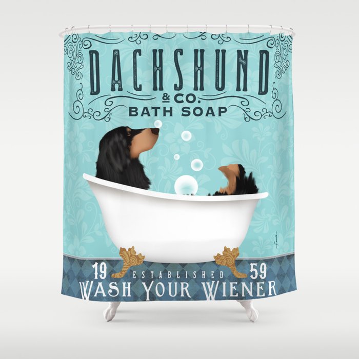 Longhaired Dachshund black tan bath clawfoot tub bubble bath  Shower Curtain