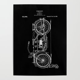 1919 Motorcycle Patent Black White Poster