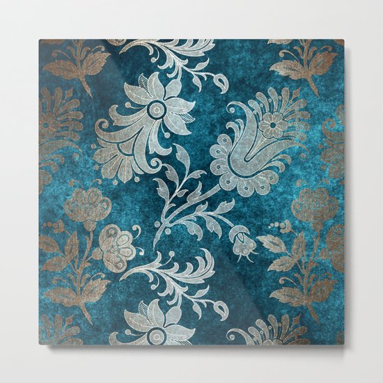Aqua Teal Vintage Floral Damask Pattern Metal Print