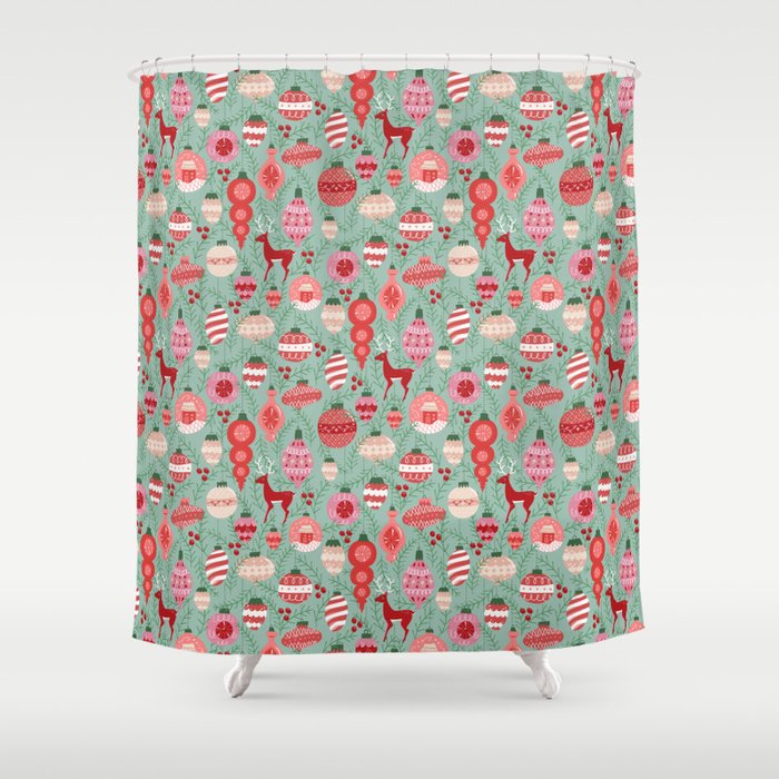 Mid-Century Ornaments in Red and Mint Shower Curtain