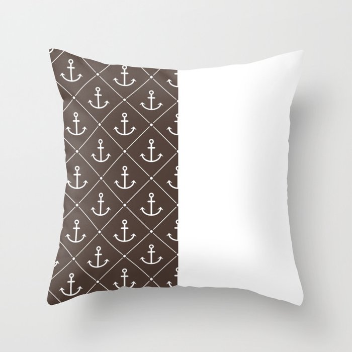 White Anchors on Dark Brown and White Vertical Split Throw Pillow
