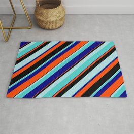 [ Thumbnail: Eye-catching Powder Blue, Turquoise, Blue, Red, and Black Colored Lined/Striped Pattern Rug ]