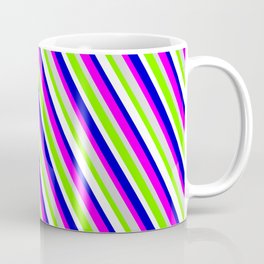 [ Thumbnail: Eyecatching Blue, Fuchsia, Light Gray, Green, and White Colored Lined Pattern Coffee Mug ]