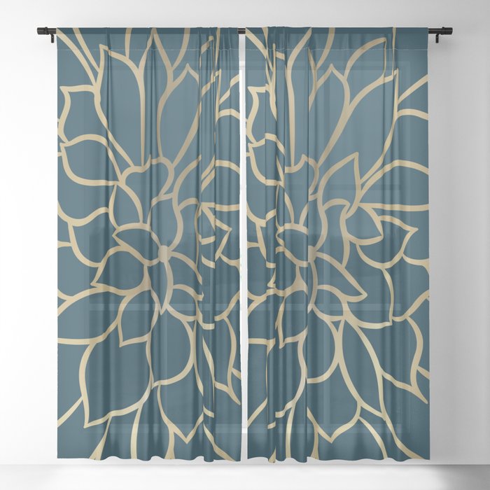 Festive, Floral Prints, Line Art, Dark Teal and Gold Sheer Curtain