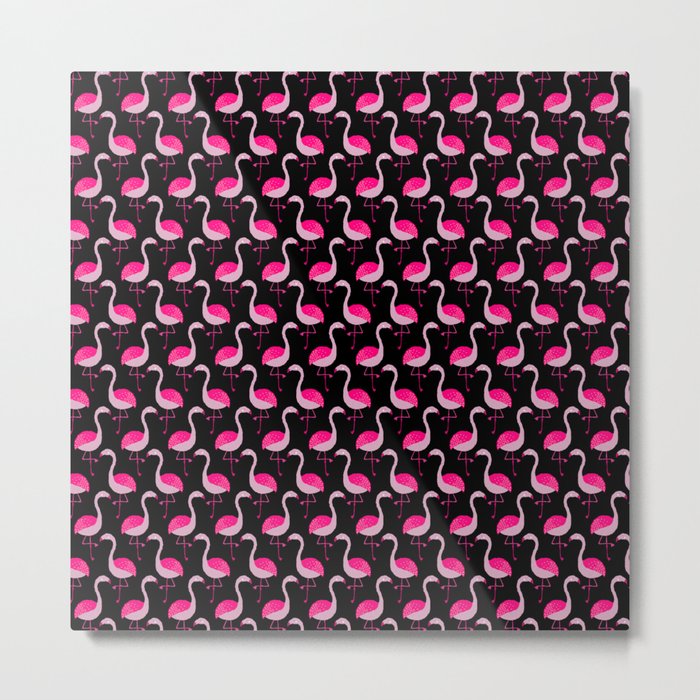 Pink flamingo pattern on black Metal Print