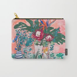Cockatoo Vase - Bouquet of Flowers on Coral and Jungle Carry-All Pouch
