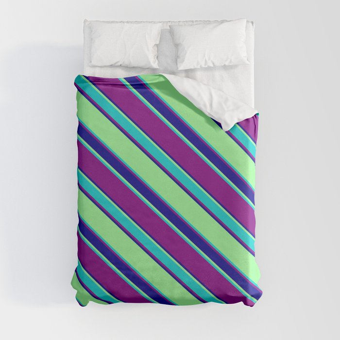 Green, Dark Turquoise, Purple, and Dark Blue Colored Striped Pattern Duvet Cover