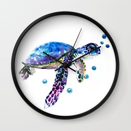 Sea Turtle, blue purple illustration children room cute turtle artwork Wall Clock