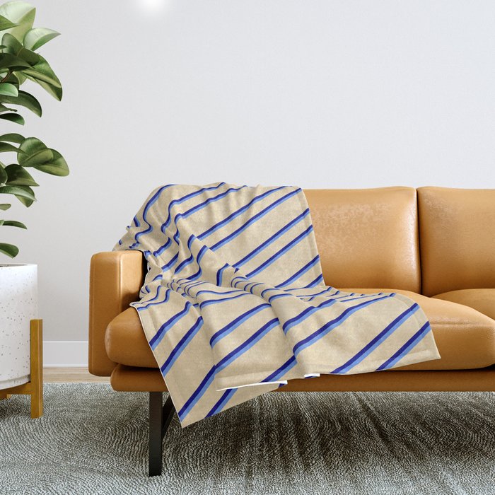Tan, Blue, and Cornflower Blue Colored Lines Pattern Throw Blanket