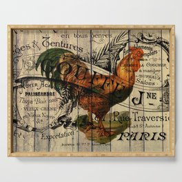 vintage typography barn wood shabby french country poulet chicken rooster Serving Tray