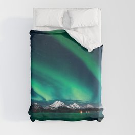Norway Photography - Green Northern Lights Over Snowy Mountains Duvet Cover