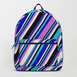 [ Thumbnail: Eye-catching Dark Turquoise, Blue, Orchid, Beige, and Black Colored Stripes Pattern Backpack ]