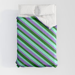 [ Thumbnail: Purple, Dark Green, and Aquamarine Colored Stripes/Lines Pattern Comforter ]