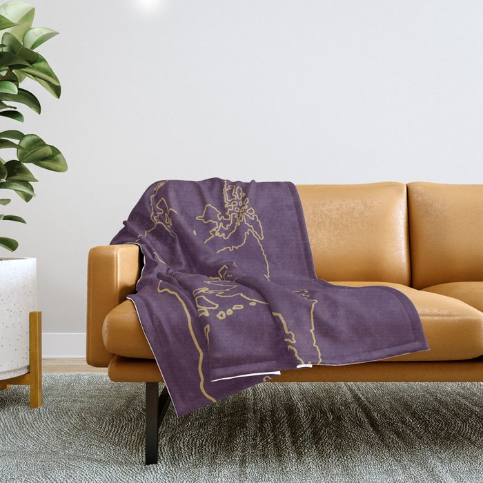 World map outline royal plum and gold Throw Blanket by