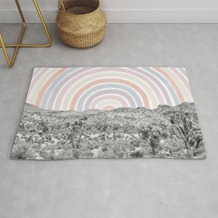 Happy Rainbow Rays Scenic Desert Cactus Hill Landscape Watercolor Collage Dorm Room Decor Rug By Palmtreeprints