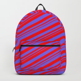 [ Thumbnail: Medium Slate Blue and Red Colored Lined Pattern Backpack ]