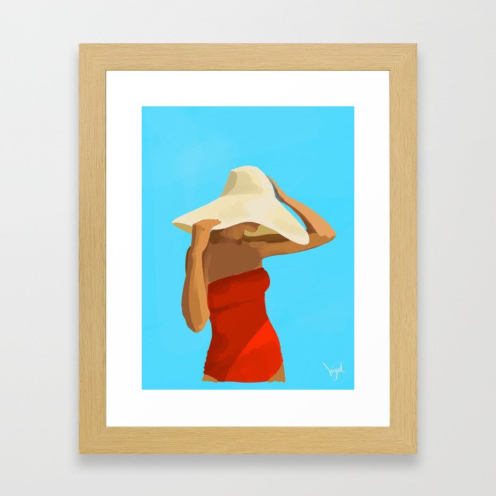 At The Beach: Red Suit Framed Art Print