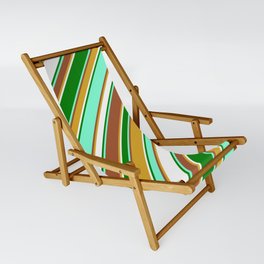 [ Thumbnail: Vibrant Aquamarine, Sienna, Goldenrod, White & Green Colored Lines/Stripes Pattern Sling Chair ]