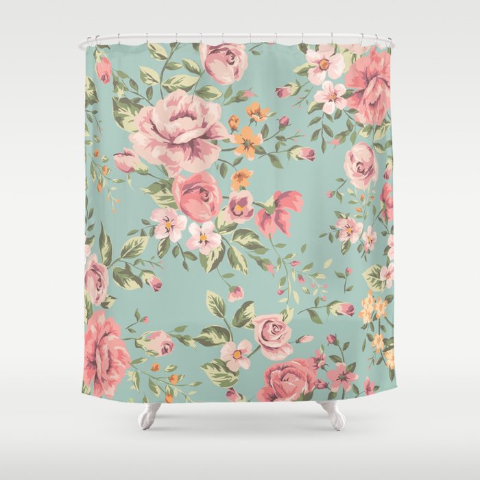 Wild Roses with blue background Shower Curtain