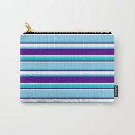 [ Thumbnail: Sky Blue, Dark Turquoise, Indigo & White Colored Lines Pattern Carry-All Pouch ]