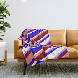 [ Thumbnail: Light Coral, Blue, Maroon, and White Colored Stripes Pattern Throw Blanket ]