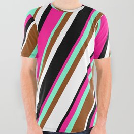 [ Thumbnail: Vibrant Deep Pink, Aquamarine, Brown, White, and Black Colored Striped Pattern All Over Graphic Tee ]