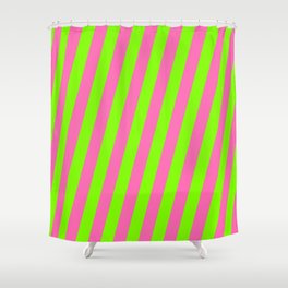 [ Thumbnail: Chartreuse & Hot Pink Colored Lined Pattern Shower Curtain ]