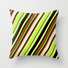 [ Thumbnail: Brown, Bisque, Light Green, and Black Colored Striped Pattern Throw Pillow ]